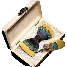 Peacock Bow Tie Feather Pre-tied Bowtie Brooch Sets Tuxedo Banquet Medium, H