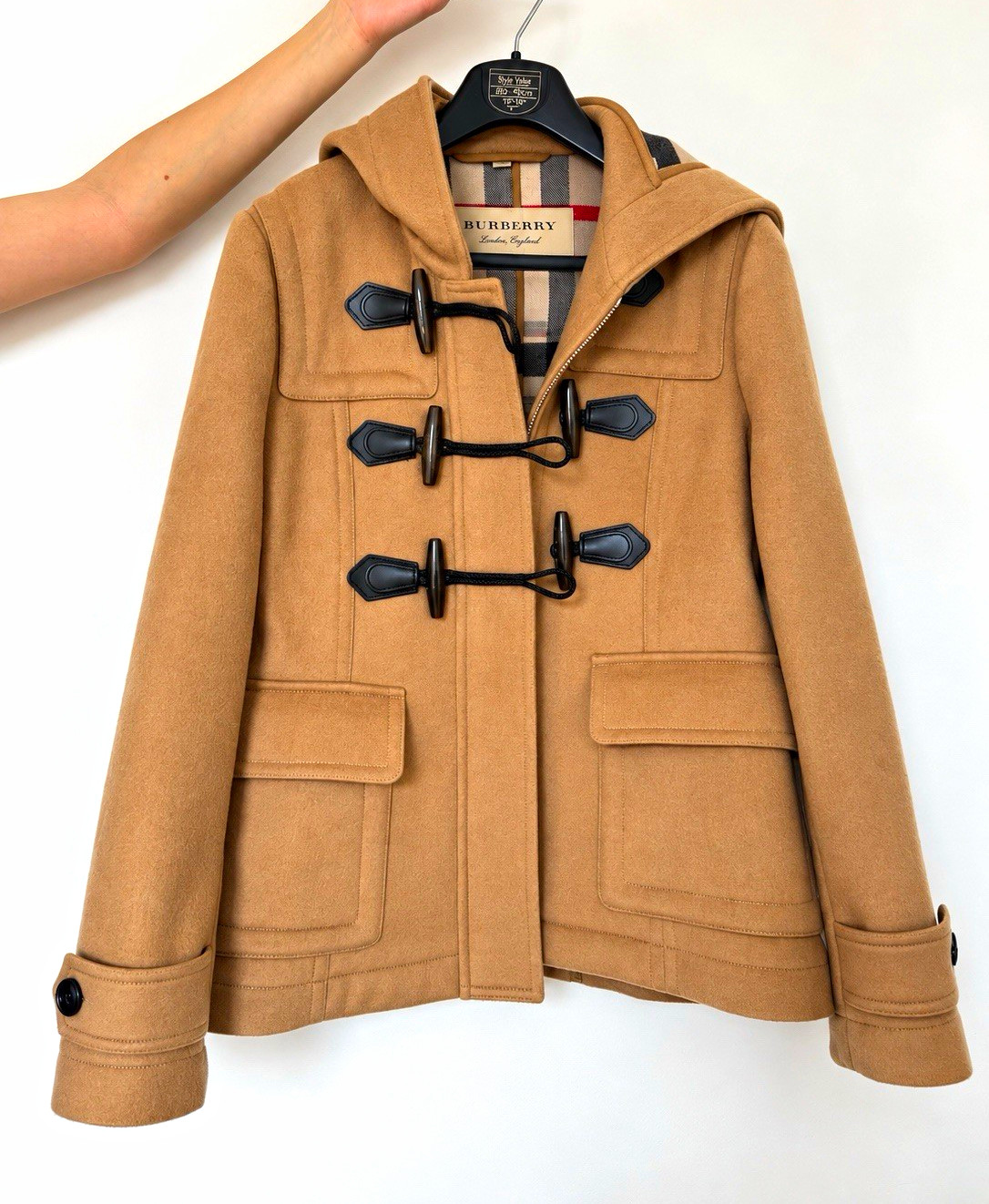 Burberry London Women’s Camel 100% Wool Duffle Coat Hooded Nova Check Size 10