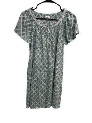 Aria Collection Large Blue Diamond Print Nightgown Lace Trim Cozycore Hygge