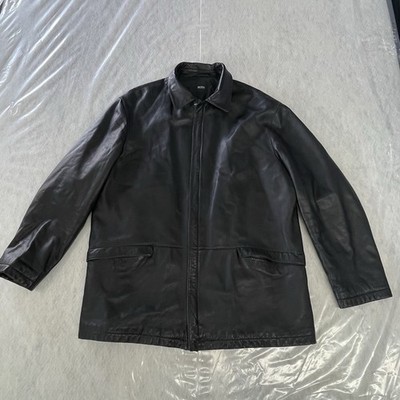 HUGO BOSS Leather Jacket Coat Full Zip Distressed Black Mid-Length