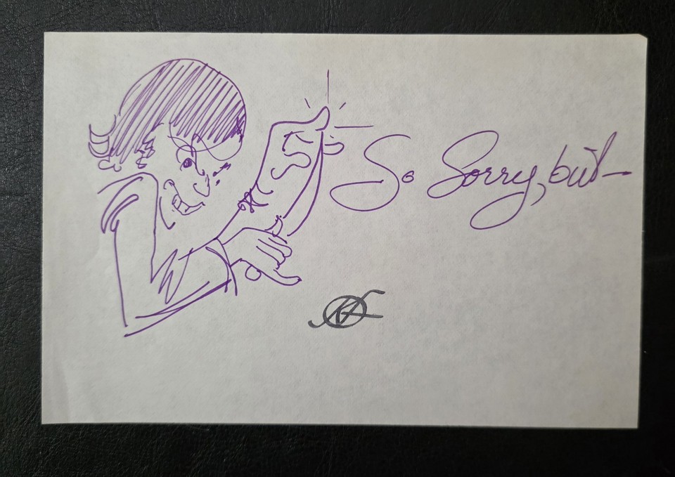 Kelly Freas Original Hand Drawn Ink Sketch Art Signed So Sorry, But 4.5×7 Paper Comic Art
