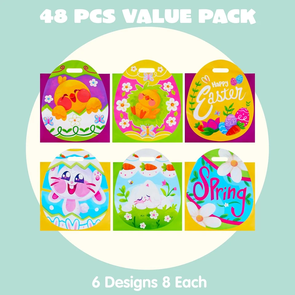 48 Pcs Easter Gift Bags 11.8x11.8 inch, Egg-Shaped, 6 Designs, Kids Party Favors - Изображение 2 из 4