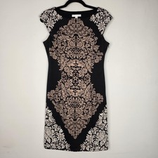 London Times Dress Womens 8 Black Floral Knit Sheath Cap Sleeve Office Work