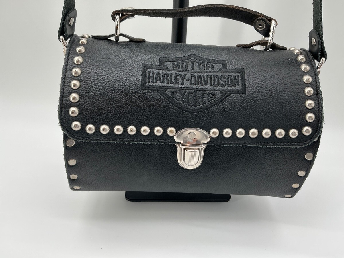 Harley-Davidson Leather Barrel Satchel Purse Black Studded Bike