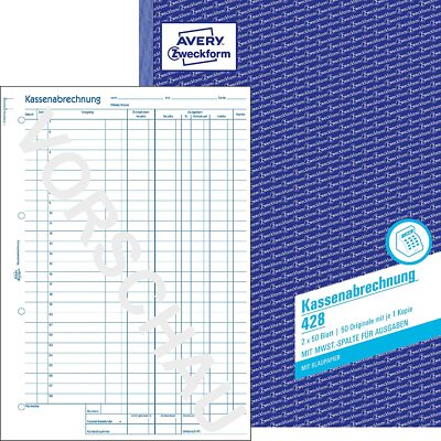 AVERY Zweckform 428 Kassenabrechnung (A4, mit MwSt.-Spalte) 2x 50 Blatt 2. Wahl