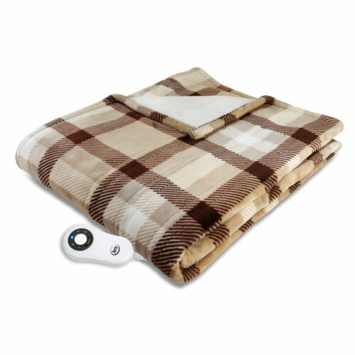 Serta Silky Plush Electric Heated Warming Throw Blanket Brown Plaid