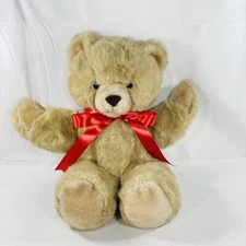 Vintage Eden Toys Inc 15” Plush Tan Brown Teddy Bear Nostalgic Red Bow