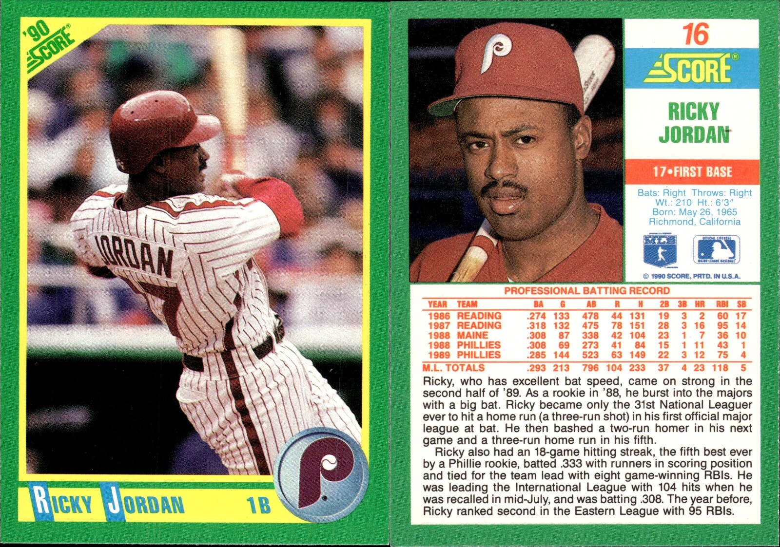RICKY JORDAN ⚾ 1990 Score Baseball #16 Philadelphia Phillies