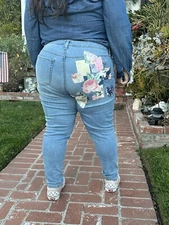 Plus Size OOAK Upcycled  Magnolia Floral Art  Jean Cottage Patchwork Size 18