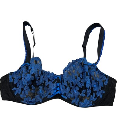 Aubade Blue & Black Floral Lace Underwire Bra With Adjustable Straps & Satin Acc