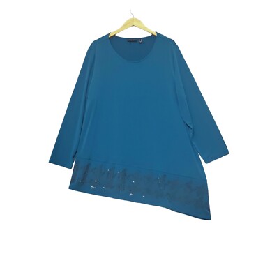Susan Graver Artisan Top Sz 2X Blue Liquid Knit Long Sleeve Sequin Modest Mature