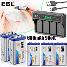 EBL 600mAh 9V Rechargeable Batteries 9 Volt Lithium Ion Battery / Charger Lot