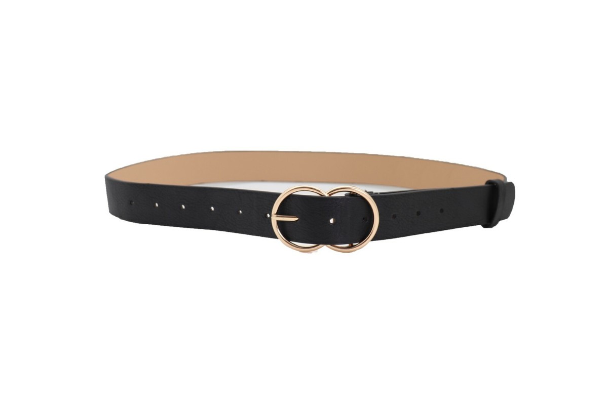 Women Black Faux Leather Fashion Belt Dressy Fancy Gold 