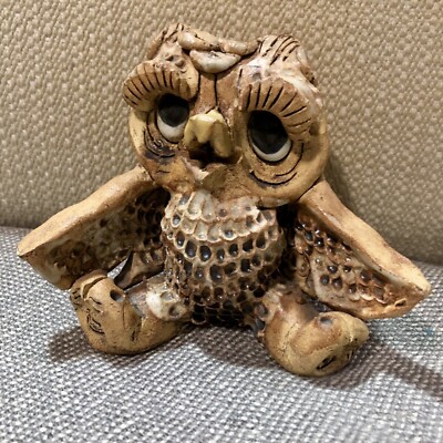 Vintage Max HINDT Folk Art Clay Pottery Sculpture Owl Figurine, Adorable Derpy