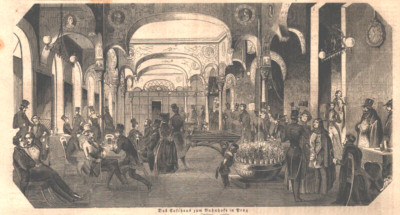 Bahnhof/Eisenbahn ''Das Cafehaus zum Bahnhofe in Prag'' Original Holzstich v. 1846