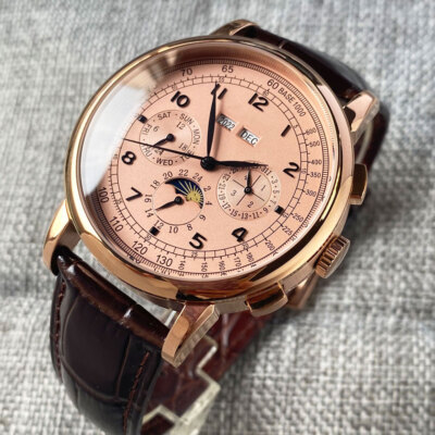 Corgeut 42mm Automatic Mens Watch Week Date Month Year Rose Gold Leather Strap