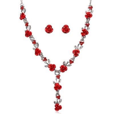 Red/Blue/Pink Crystal Small Rose Flower Necklace Earrings Party Jewelry Set