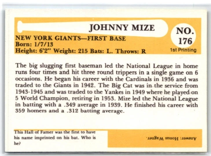 1980s SSPC Baseball Immortals Johnny Mize #176 - Image 2 of 2