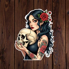 Pinup girl sticker vinyl decal woman gothic rockabilly skull tattoo black hair