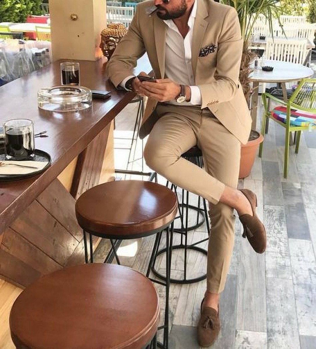 Men Wedding Suit Beige Piece Suit Elegant Evening Party Wear