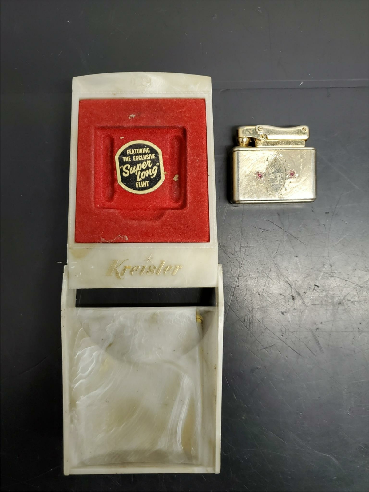 K Box Lettering Vtg Gold Kreisler Butane Lighter LH Initials Engraved Original Box ...