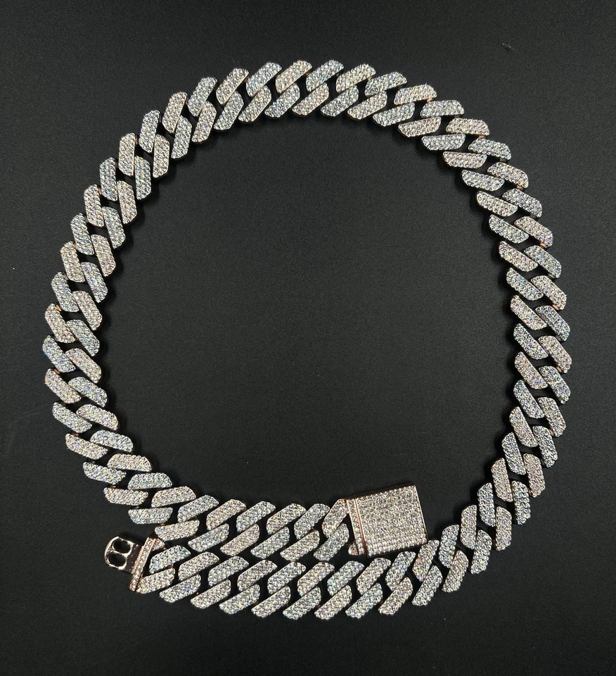 "Cadena de eslabones cubanos chapada en plata y oro rosa VVS1/Moissanita 24"" x 19 mm helada" Foto 2 de 4