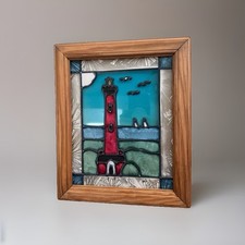 Stained Painted Glass Lighthouse Suncatcher Wood Framed 9.5  x11.5  -Vintage
