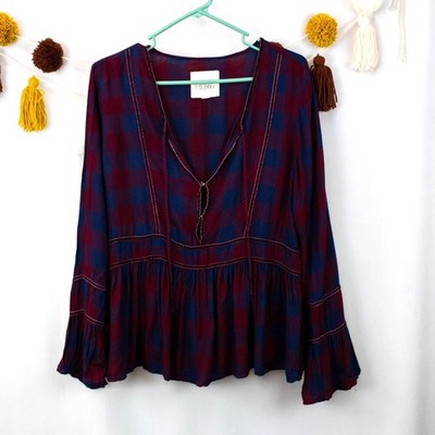 Thread & Supply Red Blue Plaid Bell Sleeve V-Neck Blouse Size Large