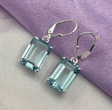 2Ct Emerald Cut Lab Created Aquamarine Drop Dangle Earrings 14K White Gold Pated