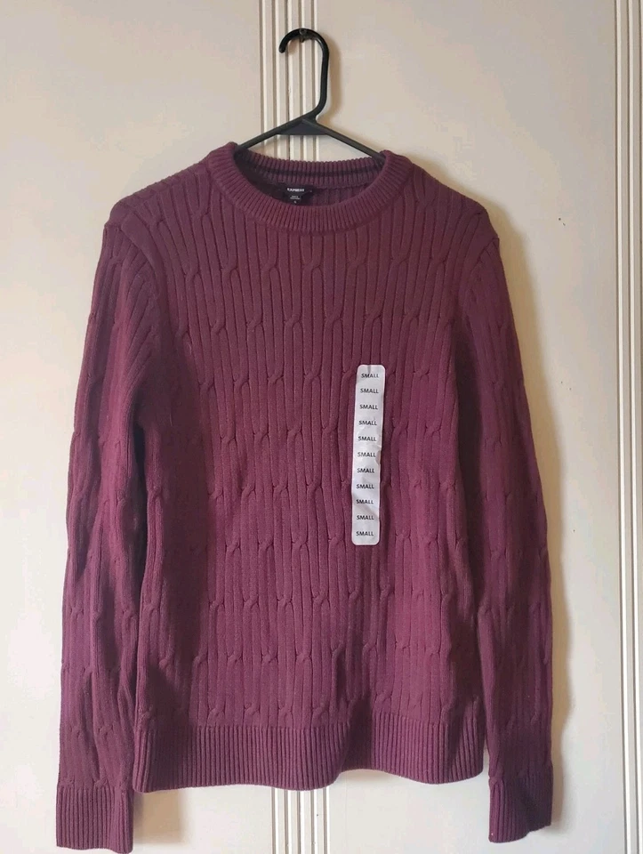 Express Men's Braided Cable Knit Sweater Burgundy "Winetasting" Size Small New - Image 2 of 4