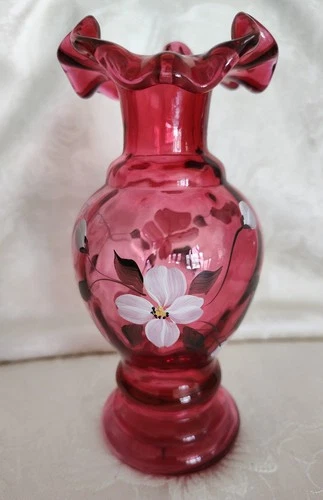Fenton Cranberry Glass Ruffled Vase Hand Painted Flowers CAROL GRIFFITH Signed