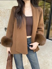 Giacca corta donna elegante double face lana scollo a V cintura polsini pelliccia 