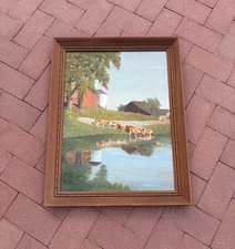 Original Painting Barn Farm Landscape Country Cows Pasture VTG By Robison