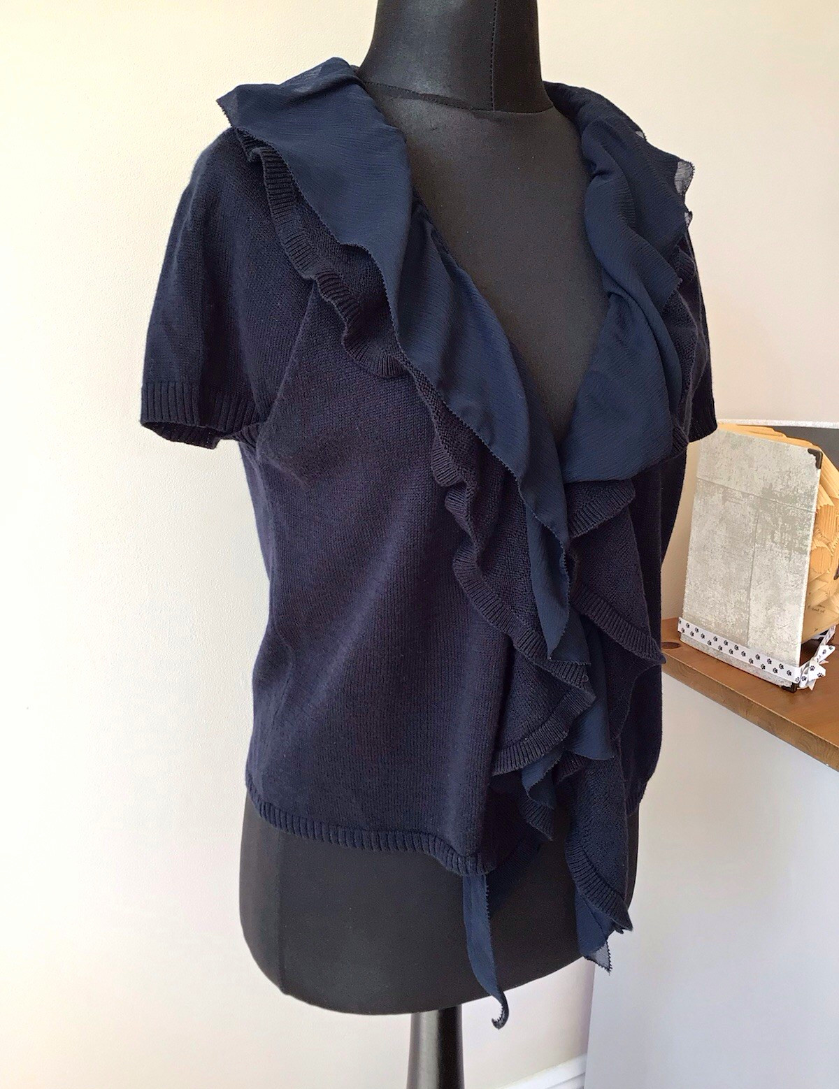PER UNA M&S Size 16 Navy Open Waterfall Short Sleeve Fine Knit  Ruffle Cardigan