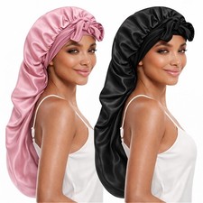 DEMAZALO Long Bonnet for Braids  Curly Hair, Extra Long, Color01a-black Pink