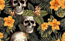 skulls and tropical flowers Printed Cotton Fabric By The Yard