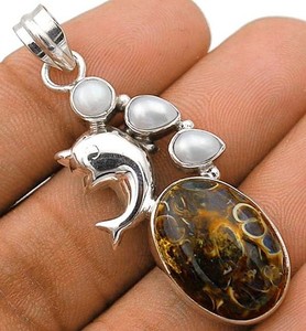 Natural Dolphin Turtella Jasper & Pearl 925 Sterling Silver Pendant 