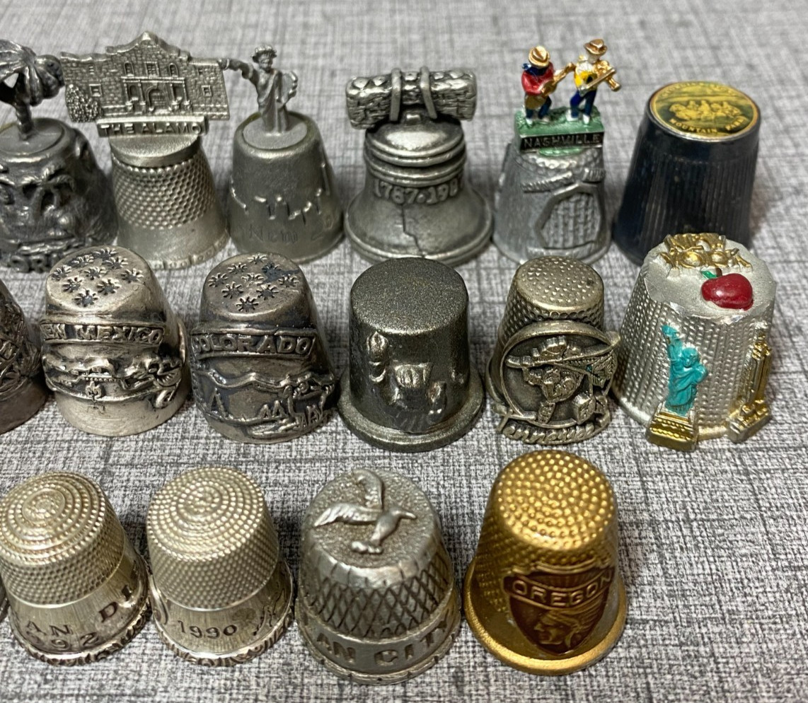 Vintage Lot of 34 Travel State City Landmarks Souvenir Metal Pewter Thimbles
