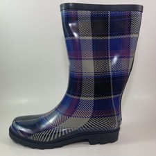 Sporto Evi Black/Blue/Grey Plaid Rainboots, Waterproof Rain Boots 7M