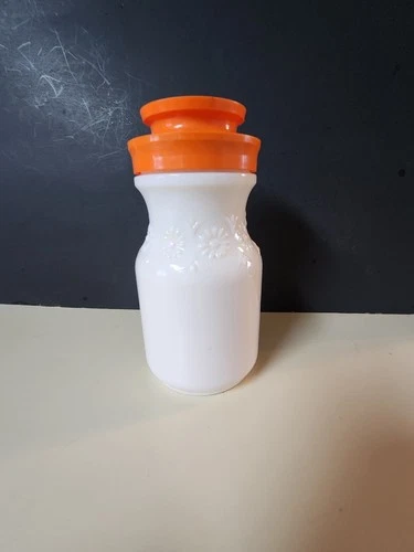 Vintage Milk Glass Tang Jar Canister Embossed Daisies Orange Plastic Lid