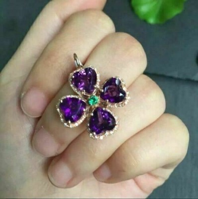 4Ct Heart Cut Amethyst Flower Shape Halo Pendant 14K Rose Gold Finish Free Chain