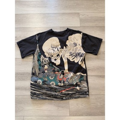 Rebel Vengeance Mens Japanese Ukiyo-e Skeleton Samurai Graphic T-Shirt Black L