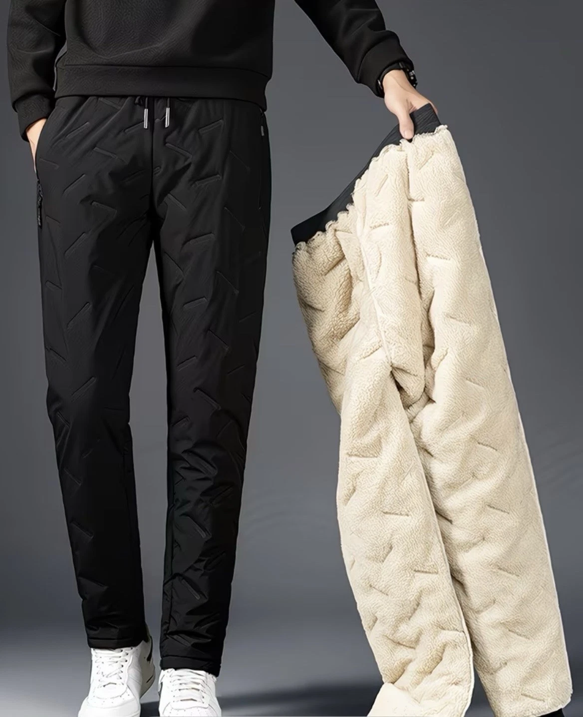 black men's winter trousers feature a waterproof outer layer and a thick fleece