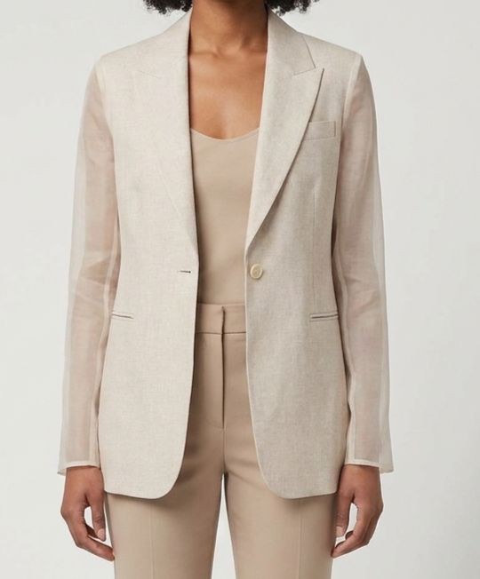 Akris Women's Beige Tiziano Linen Silk Organza Sleeve Blazer Jacket Size 6