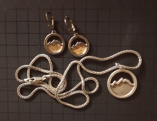 925 Sterling Silver Mountain Cutout Pendant Necklace & Dangle Earrings Set, 3pc