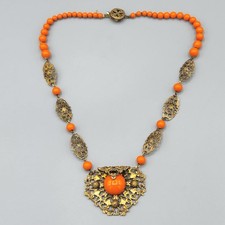 Art Deco Czech Coated Orange Glass Bead Gilt Filigree Lavalier Necklace 16"