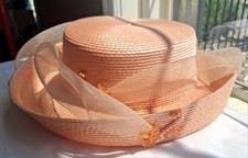 Vintage Peach Straw Church Dress Hat Upturned Breton Brim Faux Pearls Floral