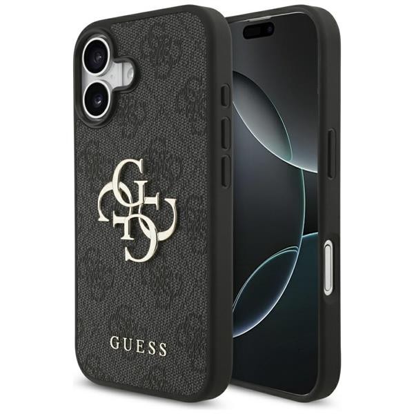 iPhone 17 Faux Leather Case Guess Gray Big Logo Metal Gold