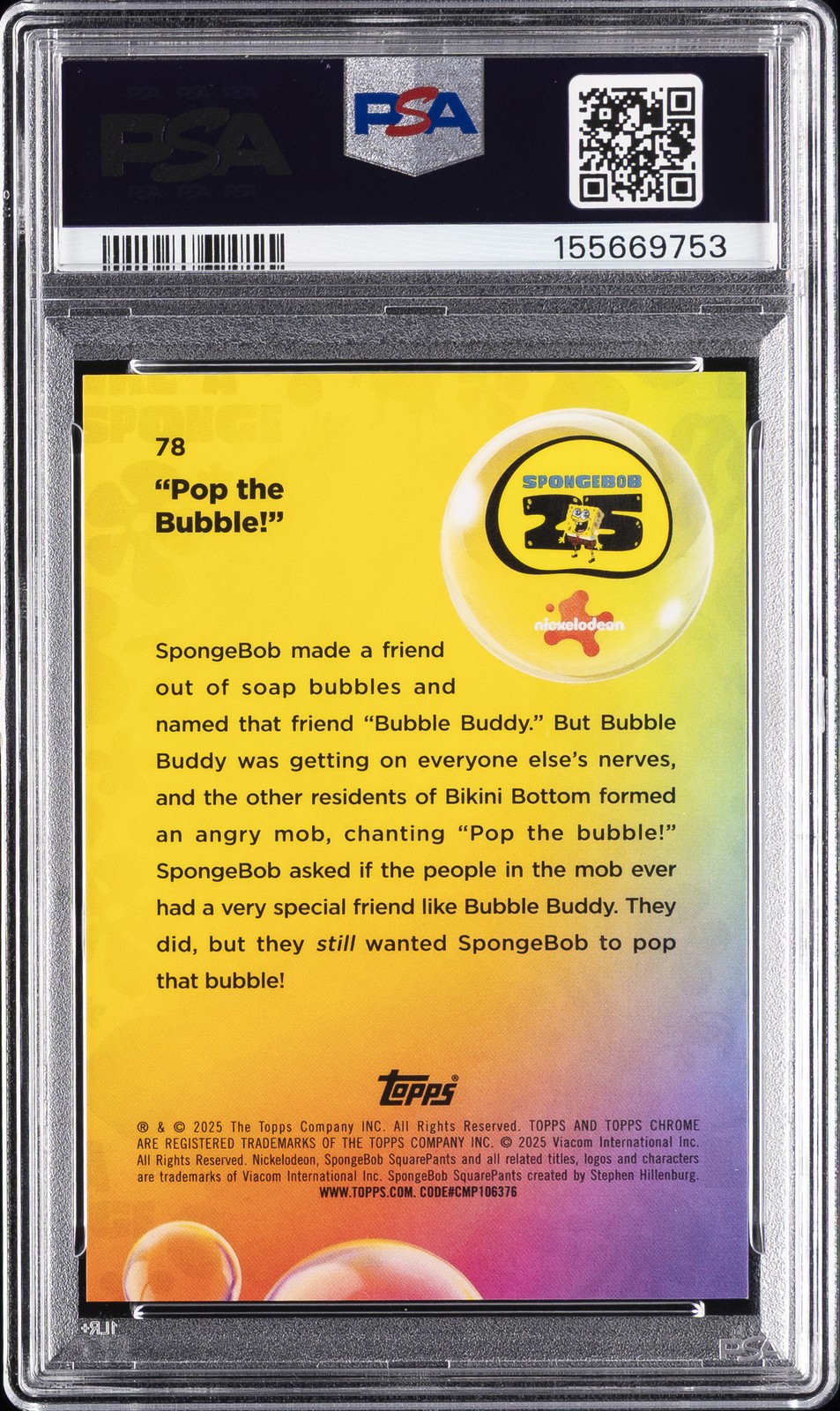 2025 TOPPS CHROME SPONGEBOB 25TH ANNIV S/E ORANGE "POP THE BUBBLE!" 13/25 PSA 10 view 2