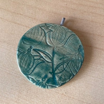 Botanical Pendant HANDMADE Ceramic Carved Flowers Teal Indie Bohemian Garden